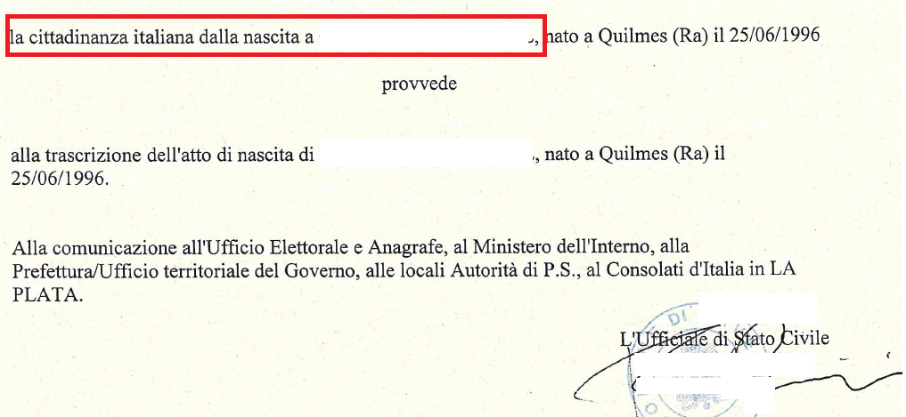notificacion vía e-mail de la comuna comunicación  de la obtención de la ciudadania italiana por descendencia 