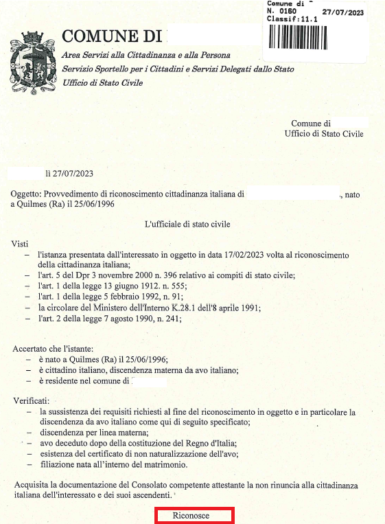 notificación por correo de la obtención de la ciudadanía italiana por descendencia comuna 