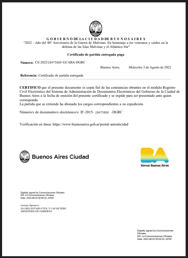 Modelo de certificación del acta digital en en Registro Civil Buenos Aires Ciudad GEDO. Italotribu 2023. 