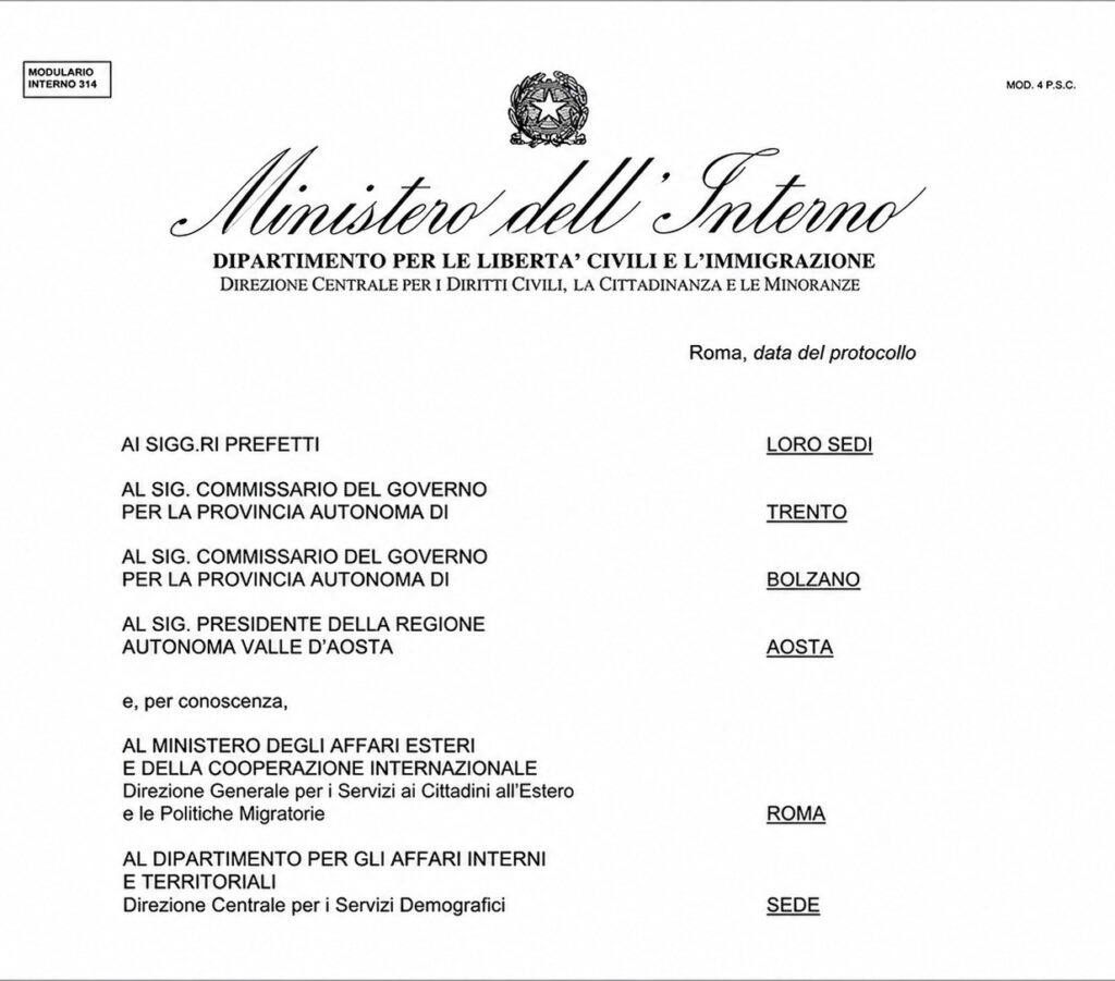 Circular Prot. n. 0065050, del 10 de agosto de 2026, del Ministero dell'Interno.