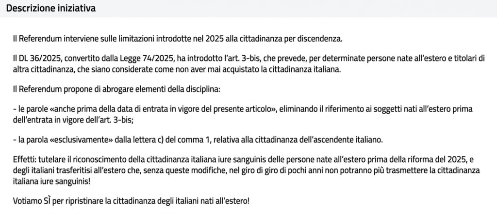 ¿QUÉ BUSCA DEROGAR EL REFERÉNDUM EN LA REFORMA 74 DE CIUDADANÍA ITALIANA?