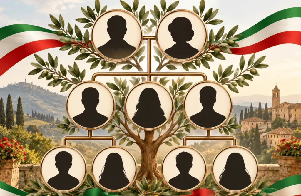 Árbol genealógico de una familia italiana: el grado de parentesco se cuenta desde cada solicitante