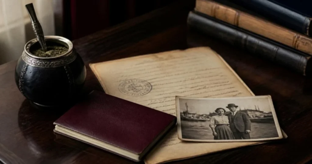 Pasaporte, partida de nacimiento italiana antigua, foto de inmigrantes en el puerto y un mate: ciudadanía italiana en Argentina