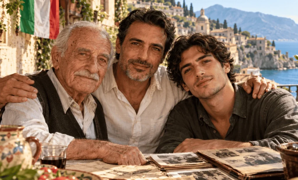 Abuelo italiano, su hijo y su nieto adulto: tres generaciones frente a la ciudadanía italiana