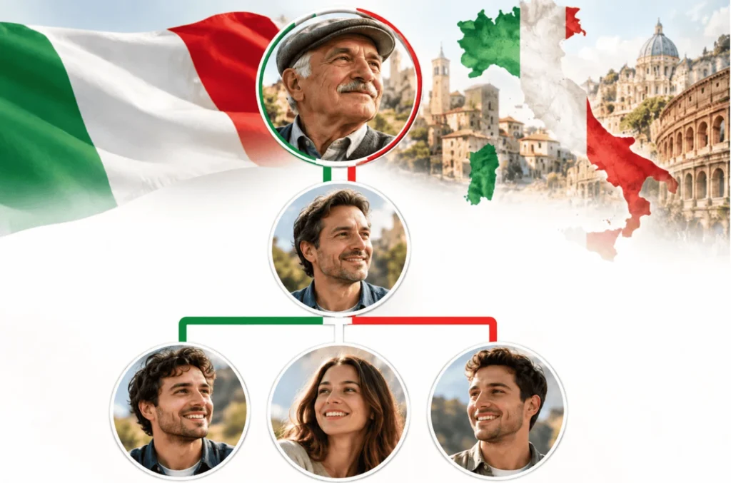 Ciudadanía italiana para mis hijos mayores: el abuelo italiano, su hijo y tres nietos adultos