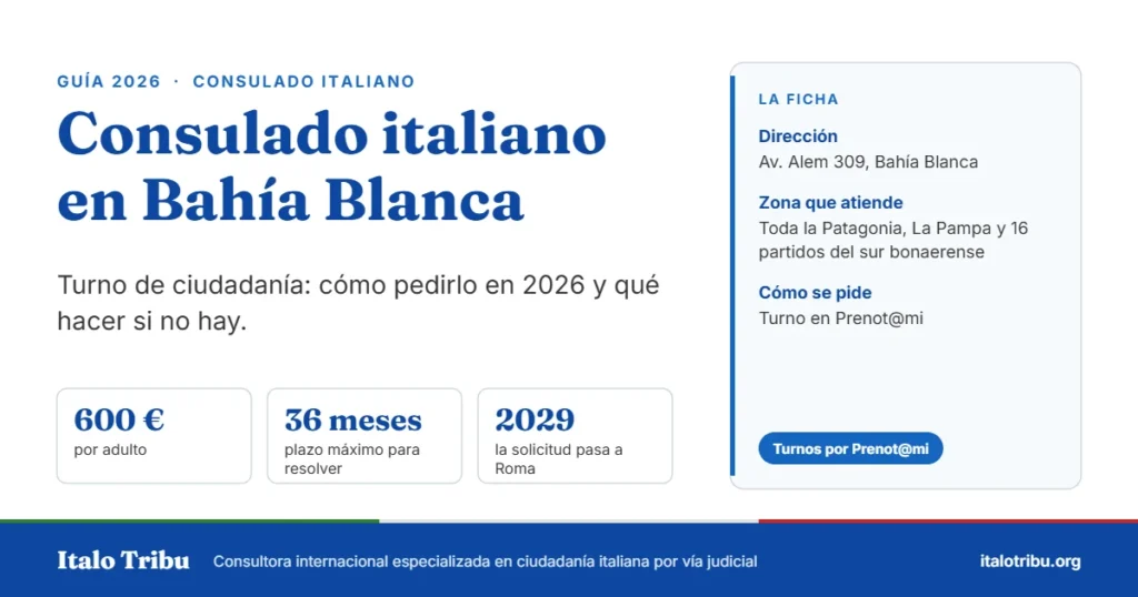Consulado italiano en Bahía Blanca: dirección, zona que atiende y cómo se pide el turno de ciudadanía en 2026