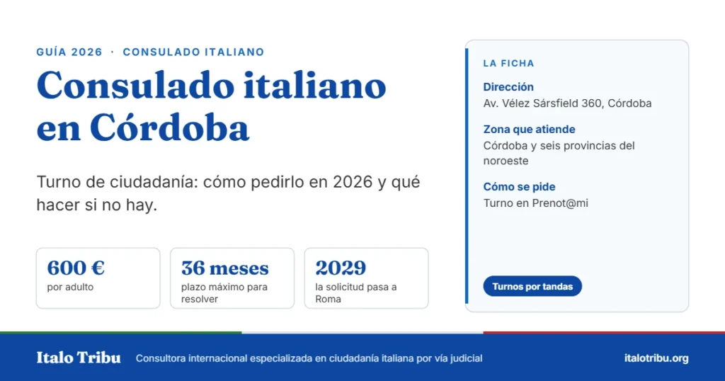 Consulado italiano en Córdoba: dirección, zona que atiende y cómo se pide el turno de ciudadanía en 2026