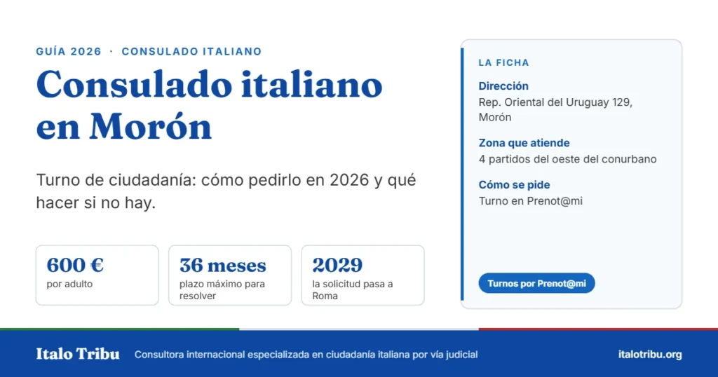 Consulado italiano en Morón: dirección, zona que atiende y cómo se pide el turno de ciudadanía en 2026