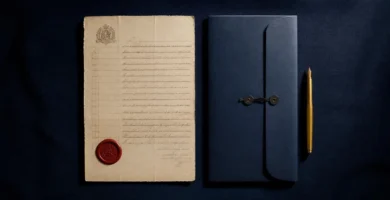Acta de nacimiento italiana antigua con sello de lacre junto a una carpeta azul y una pluma dorada: los documentos para la ciudadanía italiana