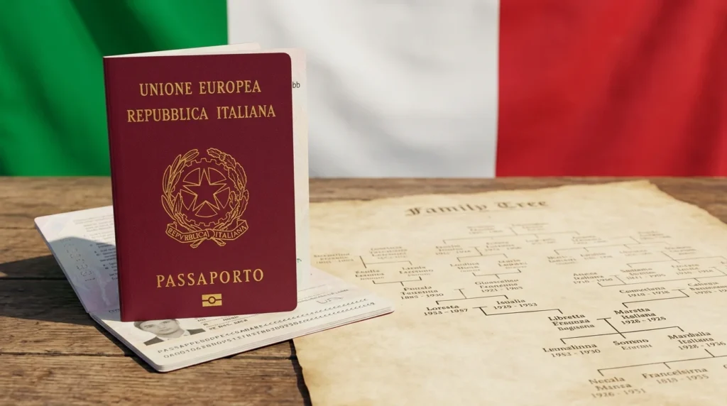 Pasaporte italiano junto a un árbol genealógico: la vía de los hijos mayores depende de cada generación